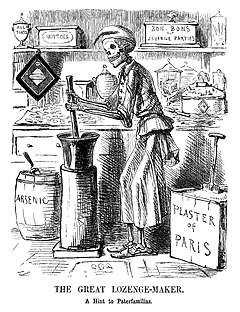 A skeleton is dressed as a sweetmaker, surrounded by tubs and boxes labelled "plaster of Paris", "arsenic", etc