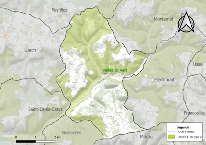 Carte de la ZNIEFF de type 2 sur la commune.