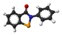 Ball-and-stick model of the ebselen molecule