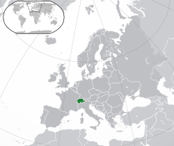  Schweiz' placering  (mørkegrøn) på det europæiske kontinent  (mørkegrå)  –  [Forklaring]