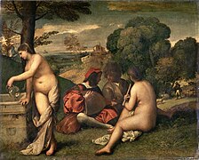 Concierto campestre, ca. 1509. Atribuida anteriormente a Giorgione, se interpreta actualmente como una obra de juventud de Tiziano, con el tema de la alegoría de la poesía, reconstrucción visual de la Arcadia de las Bucólicas de Virgilio tal como se reinterpretaban por Jacopo Sannazaro