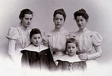 Photographie en noir et blanc d'un groupe de cinq personnes, 3 jeunes femmes vêtues de blanc et 2 petits garçons en vareuses à larges cols.
