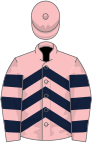 Pink, dark blue chevrons, hooped sleeves, pink cap