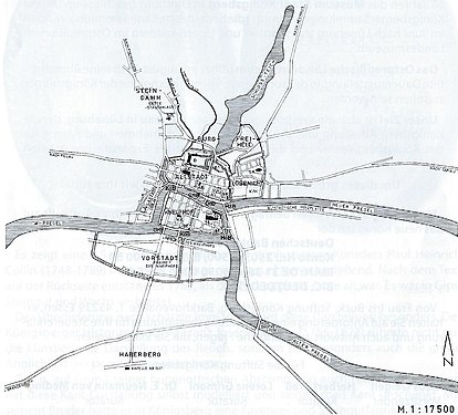 Расположение кёнигсбергских поселений Альтштадт, Кнайпхоф и Лёбенихт, 1255 год
