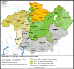 The League of the Ten Jurisdictions is shown in orange within the Three Leagues. The Grey League is shown in shades of brown, the League of God's House in green and subject territories, subsequently lost, in grey.