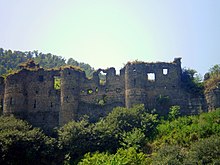 Stone ruins of a structural wall showing remaining windows and turrets, surrounded by vegetation.