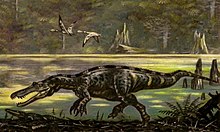 Painting of Baryonyx by a lake.