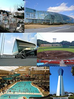 Top: Iwaki Yumoto Onsen, Aquamarine Fukushima Middle: Iwaki-Taira Velodrome, Iwaki Green Stadium Bottom: Spa Resort Hawaiians, Iwaki Marine Tower