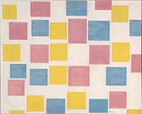 Composition with Color Fields label QS:Len,"Composition with Color Fields" label QS:Lpl,"Kompozycja z kolorowymi polami" label QS:Lnl,"Compositie met kleurvlakjes" 1917. oil on canvas medium QS:P186,Q296955;P186,Q12321255,P518,Q861259 . 48 × 60.5 cm (18.8 × 23.8 in). Rotterdam, Museum Boijmans Van Beuningen.