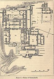 Plan des zones fouillées du Palais sud-ouest de Ninive, d'après les fouilles de 1927-1932.