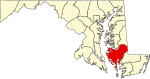 Mapa de Maryland con la ubicación del condado de Dorchester