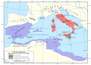 a map of the western Mediterranean region showing the territory controlled by Rome and Carthage in 218 BC