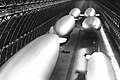 Six US Navy blimps in one of the two hangars at MCAS Tustin, date unknown.