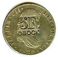 Anverso de moneda de 8 reales (plata) de Fernando VII de 1820 con resello de Obock (Yibuti).