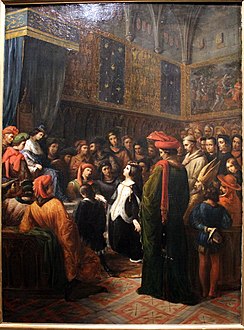 Valentine de Milan implore la justice du roi Charles VI pour l'assassinat du duc d'Orléans, Alexandre Colin.