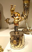 Wine-glass holder with figurine of King Gustav II Adolf, Germany, 1630s, brass and silver - Nordiska museet - Stockholm, Sweden - DSC09779.JPG