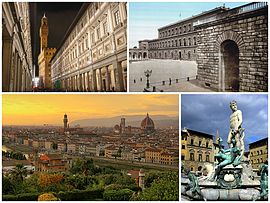 Usa nga collage han Florensya nga nagpapakita han Uffizi (top left), sunod han Palasyo Pitti, usa nga paglantaw ha pagkatunod han adlaw han syudad ngan han Fontana del Nettuno ha Piazza della Signoria