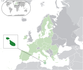 Amplasarea Maltei (verde închis): — în cadrul Europei (verde deschis și gri închis) — în cadrul Uniunii Europene (verde deschis)