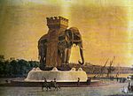 La fontaine de l'éléphant, projet d'Alavoine (vers 1813-1814). Il s'agit probablement de la vue exposée au Salon de 1814, ou d'une lithographie en couleur de celle-ci (Paris, musée Carnavalet).