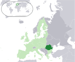  रोमानिया  {(dark green) कय जगह – Europe  {(light green & dark grey) में – the European Union  {(light green) में  —  [संकेत]