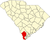 Mapa de Carolina del Sur con la ubicación del condado de Jasper