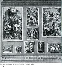 „Cinquième Salle, partie à droite de la Seconde Facade“ mit neun Gemälden von Rubens darunter „Himmelfahrt Mariae“.