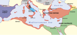 A coloured map showing the Byzantine Empire in 650 AD