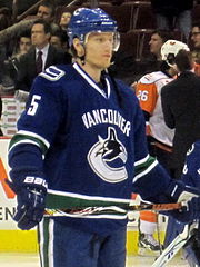 An ice hockey player stands facing to the right of the camera, holding an ice hockey stick horizontally across his stomach. He is wearing blue helmet and uniform.