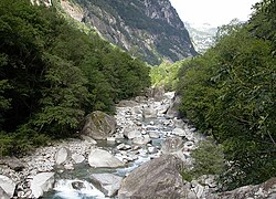 Vue du torrent Maggia dans la vallée.