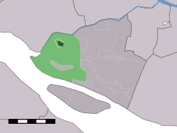 The village centre (dark green) and the statistical district (light green) of Goudswaard in the municipality of Korendijk.