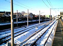 Rail tracks of Seibu Chichibu Station, a railway station in winter.