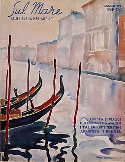 Lloyd Triestino's Sul Mare magazine cover of Venice Canal and Gondolas 1939 by Tonci Fantoni (1898-1943)