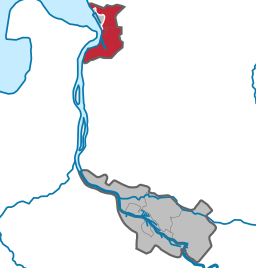 Bremerhaven är rödmarkerat. Övriga delar av Bremen är grå. De vita områdena är Niedersachsen.