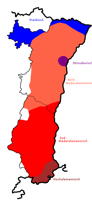 Էլզասի լեզվաբանական քարտեզ․ էլզասերենը ներկայացված է կարմիրի երկու երանգներով։