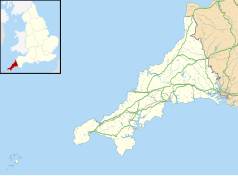 Mapa konturowa Kornwalii, na dole nieco na lewo znajduje się punkt z opisem „Penzance”