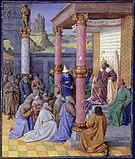 Ciro II el Grande permite el retorno de los hebreos a Tierra Santa. Miniatura francesa de Jean Fouquet c. 1470-75 (ilustración para Flavio Josefo, Antigüedades judías, libro XI).[59]​