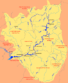 Mapa en rusu del ríu Kama nel qu'apaez Perm (Пермь)