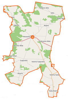 Mapa konturowa gminy Klwów, blisko górnej krawiędzi znajduje się punkt z opisem „Kolonia Ulów”