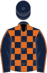 Dark blue and orange check, orange seams on sleeves, dark blue cap