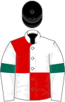 White and red (quartered), white sleeves, emerald green armlets, black cap