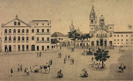 Vista do Pátio do Carmo no século XIX, litografia por Franz Heinrich Carls