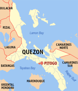 Mapa ng Quezon na nagpapakita sa lokasyon ng Pitogo.