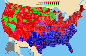 A map of the United States of America with county subdivision. Most of the North and North-west states have red counties, while most of the Southern and South-western states have blue counties. Wisconsin has almost all counties in green color. Rest, most of the green counties are scattered in the North-western states.