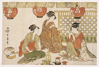 Tres señoras sentadas con linternas, tetera, candelero e instrumento de cuerda (siglo XVIII), de Kitagawa Utamaro, Brooklyn Museum of Art, Nueva York.