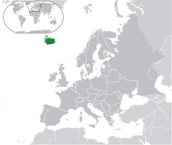 Location of Iceland (dark green) in Europe (dark grey)  –  [Legend]