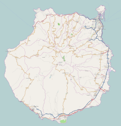 Mapa konturowa Gran Canarii, blisko dolnej krawiędzi znajduje się punkt z opisem „Dunas de Maspalomas”