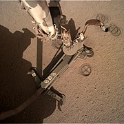 Insight's HP3 components after lifting the support structure away from the mole. This image shows a region of compressed regolith around the Mole penetrometer.