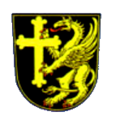 Gemeinde Reinhartshofen In Schwarz ein rotbewehrter goldener Greif, der ein goldenes Kleeblattkreuz trägt.