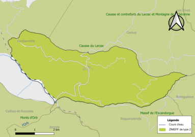 Carte de la ZNIEFF de type 2 de la commune.