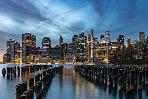 Lower Manhattan after sunset, seen from Brooklyn Bridge Park Greenway